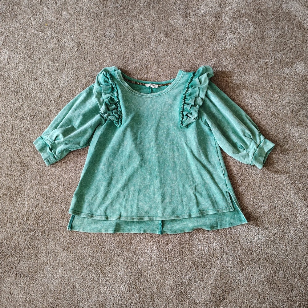 Umgee Ruffle Womens Small Acid Wash Green Sweatshirt Boho Cottage Core Cozy